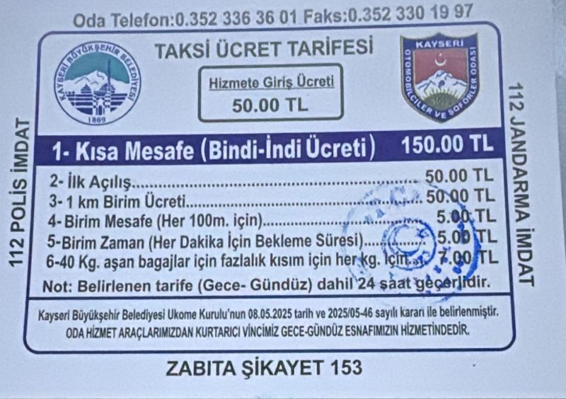 Kayseri’de Taksi Ücretlerine Zam: Yeni Tarife Yürürlüğe Girdi